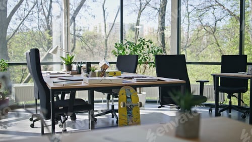 Preview: Modern empty light office interior with panorama window background. Working area