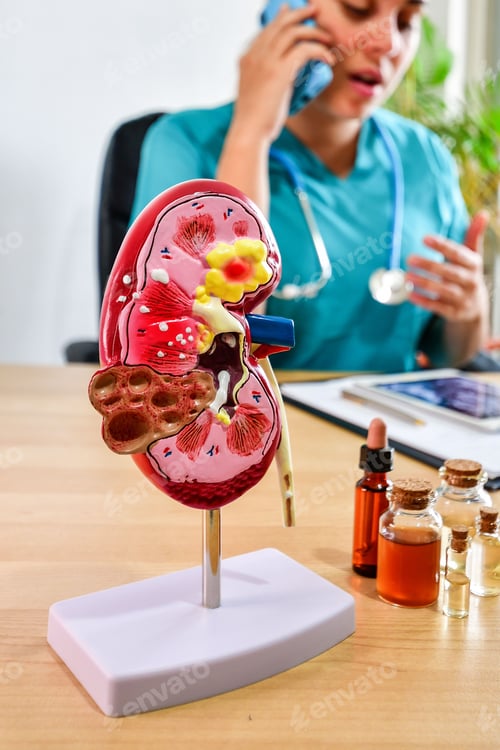 Preview: Selective focus of a doctor and a kidney model with small bottles of medicine and oils.