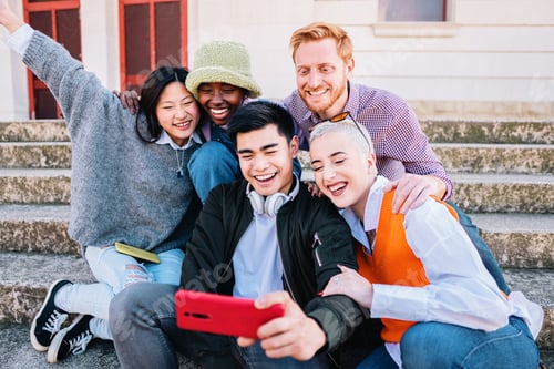 Preview: Five multiracial friends taking a picture with a smartphone smiling and having fun together