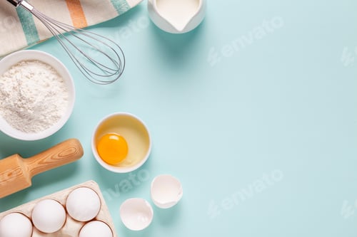 Preview: Baking or cooking background. Ingredients, kitchen items for baking.