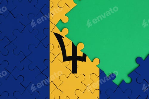 Preview: Barbados flag is depicted on a completed jigsaw puzzle with free green copy space on the right side