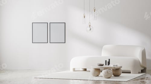 Preview: poster frame mockup in white room interior with sunlight shadows and white sofa