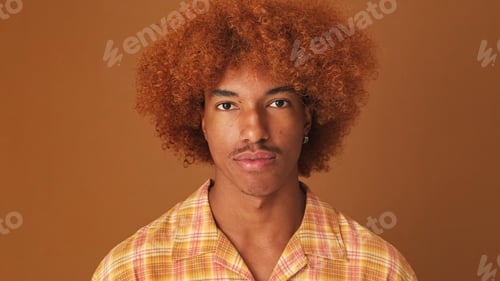 Preview: Close up, stylish curly guy looks at the camera, isolated on brown background in the studio