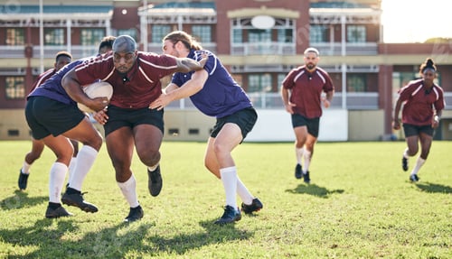 Preview: Rugby, training and tackle with a team on a field together for a game or match in preparation of a