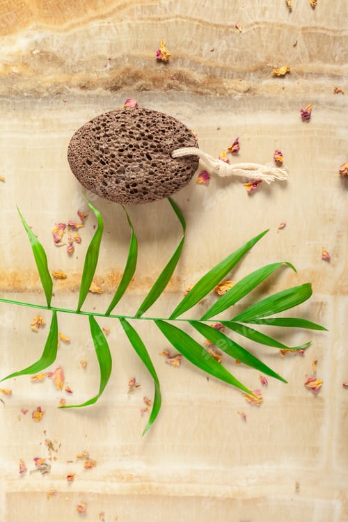Preview: Lava stone and green leaves on a light surface with dried petals