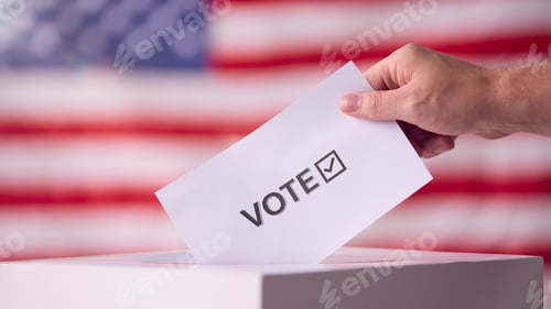 Preview: Hand Placing Vote Ballot in Box Against American Flag