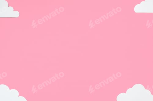 Preview: Clouds on a pastel pink background. Concept greeting card, poster. Flat lay, top view, copy space