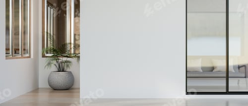 Preview: Minimalist modern style corridor with wooden floor and plant along the white wall. Hallway interior.