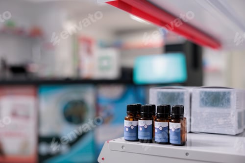 Preview: Selective focus of empty drugstore filled with shelves full with essential oil a