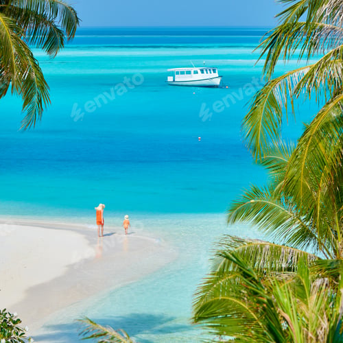 Preview: Three Year Old Toddler Boy On Beach With Mother. Summer Family Vacation At Maldives.