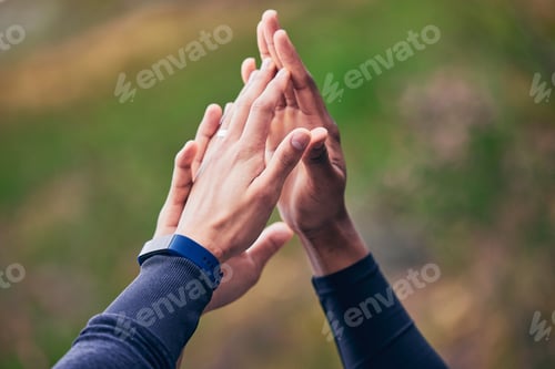 Preview: People, hands and high five for fitness, workout or exercise success, support or goals with teamwor