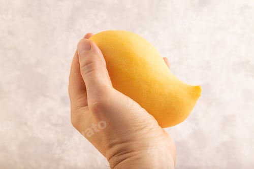 Preview: Orange mango with hand on concrete, Side view, copy space