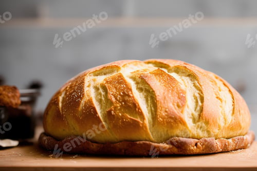 Preview: sourdough bread with crispy crust on wooden shelf bakery products