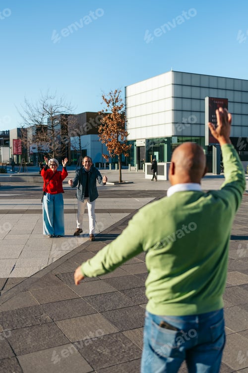 Preview: Elderly friends reuniting, smiling warmly in urban setting