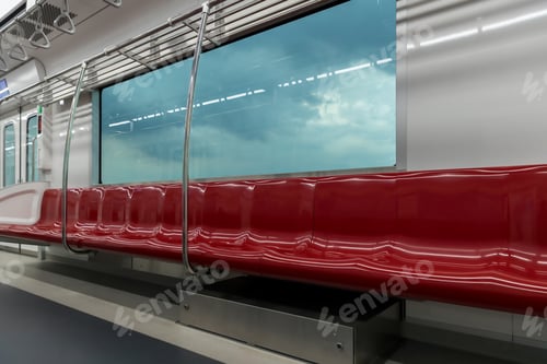 Preview: Empty seats commuter with Red color interior inside in the subway train.