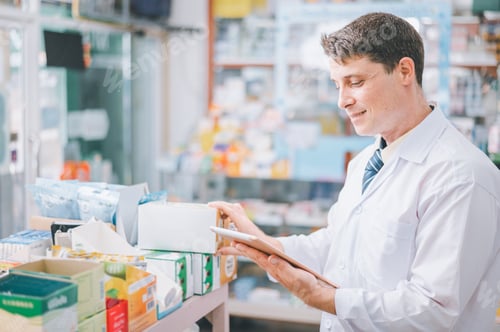 Preview: Pharmacist checking Checks Inventory of Medicine, Drugs, Vitamins with tablet