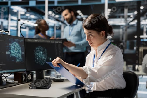 Preview: Server room worker looking at AI visualization charts, reviewing documentation