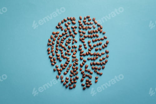 Preview: Human brain in the form of coffee beans on a blue background.