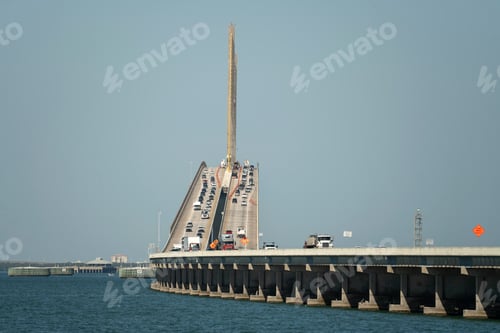 Preview: Sunshine Skyway Bridge over Tampa Bay in Florida with moving traffic.
