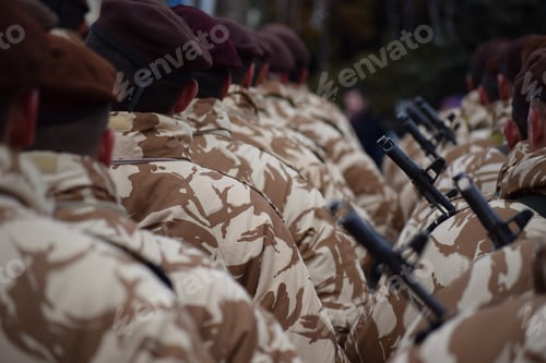Preview: Selective shot of an army from the backside walking in a line on the blurred background