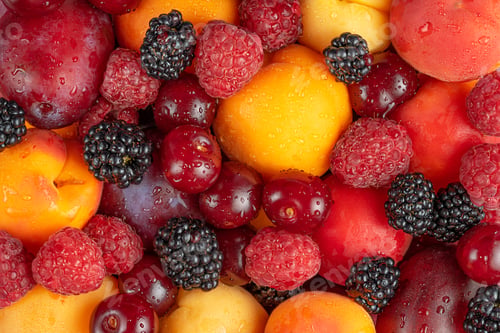 Preview: Multifruits summer background. Healthy eating, top view