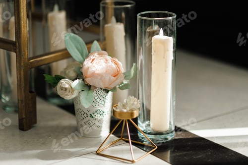 Preview: Details. Wedding Decor. On a gray textural background , a bouquet of dried flowers, tulips