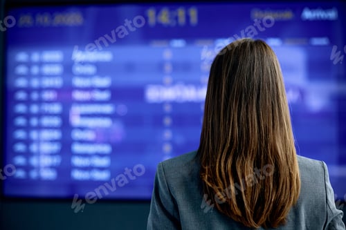 Preview: Rear view of a woman looking at arrival departure board.