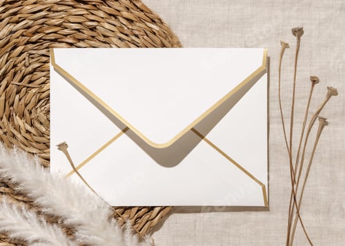 Preview: Blank envelope near dryed grass on beige vowen placemat and linen top view, bohemian mockup