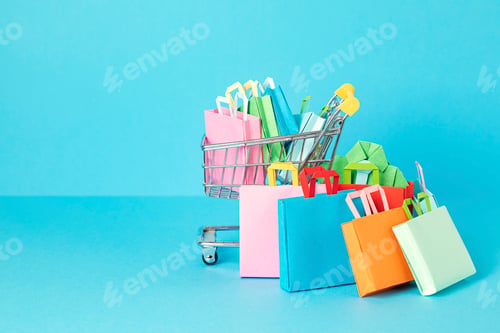 Preview: Shopping basket full of paper bags. Sesonal sale, online deals, discounts, promotions idea