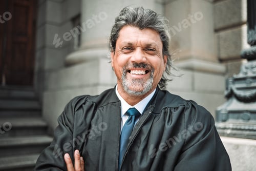 Preview: Portrait, smile and a senior man judge at court, outdoor in the city during recess from a legal cas