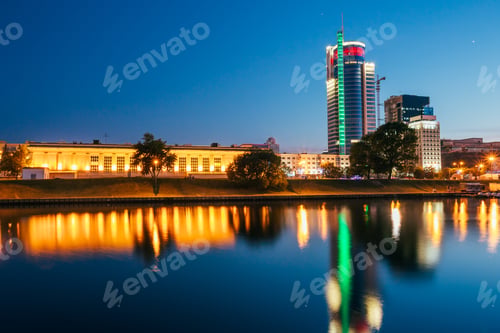 Preview: Sunset over central district Nemiga in Minsk, Belarus. Reflectio