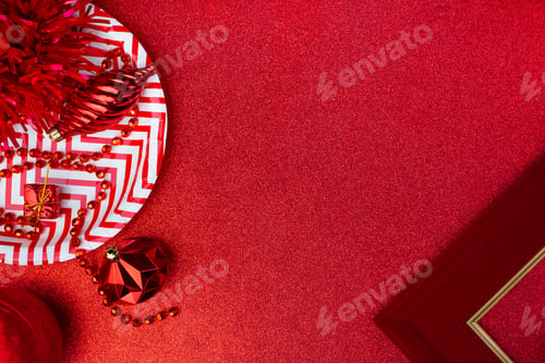 Preview: Merry christmas and happy new year item decor with bauble,tinsel,glitter on red background