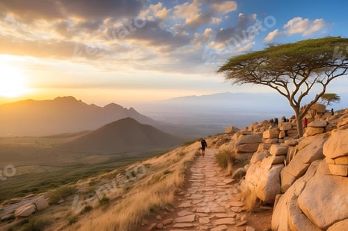 Preview: a large rock wall that is below some trees and people on a mountain