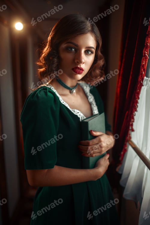 Preview: Railway journey, female traveler in retro train