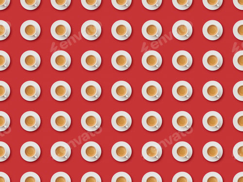 Preview: seamless background pattern with coffee in cups and saucers on red background