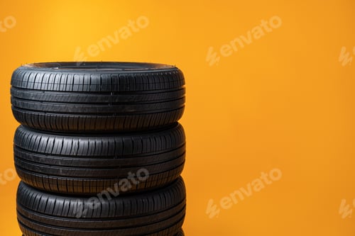 Preview: Car tires isolated on yellow background, close up
