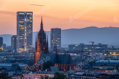 Preview: Frankfurt Cathedral and City at Evening Twilight. Aerial View. Hesse, Germany