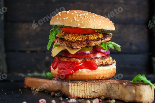 Preview: Burger Meat Cutlet Beef Steak, Tomato, Sauce And Lettuce (Tasty Meat Snack Sandwich) Menu Concept