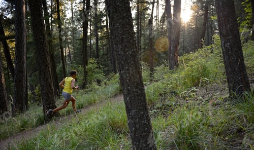Preview: Female runner running up forest path