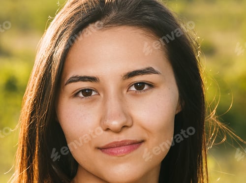 Preview: Portrait of young brunette woman posing in summer field in yellow dress. Mountain background view.