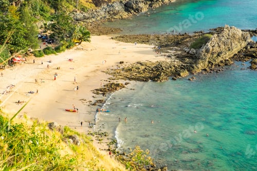Preview: Top view of tourists on sand beach at coastline ,summer vacation,similan,thailand