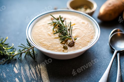 Preview: Vegetarian autumn pumpkin cream soup with seeds. Plates with pumpkin soup puree. Autumn menu.