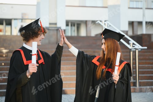 Preview: Portrait of two happy graduating students.