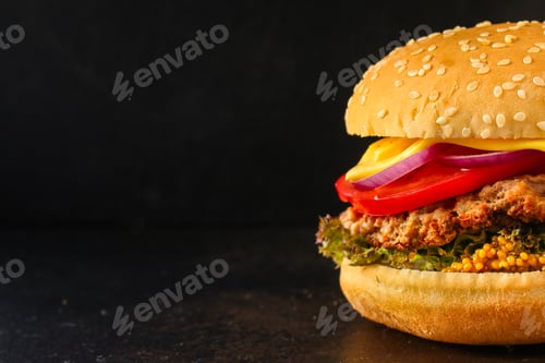 Preview: Burger (Roll, Cutlets, Cheese, Lettuce, Tomato, Onion, Sauce And More) Menu Concept. Food