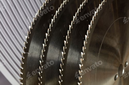 Preview: Closeup of a tool for woodworking, a segment of circular saws with carbide brazing for cutting wood.