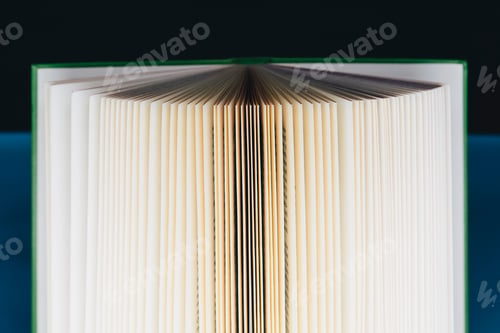 Preview: A hard cover printed book, opened and upright. Pages fanned out.