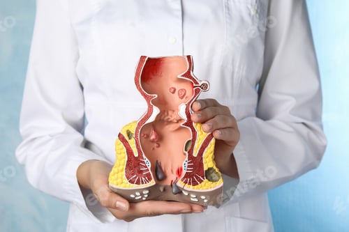 Preview: Doctor holding model of unhealthy lower rectum on light blue background, closeup. Hemorrhoid problem