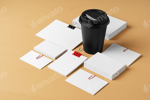 Preview: Blank takeaway coffee cup and white businesscards