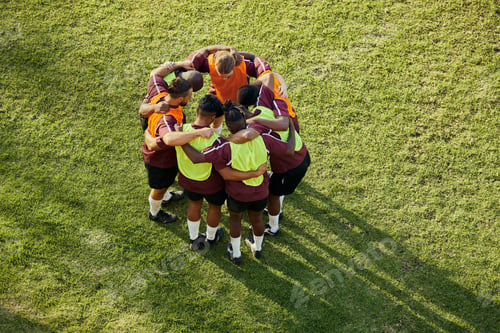 Preview: Top view, soccer and team with huddle, people and fitness with support, wellness and cooperation. G