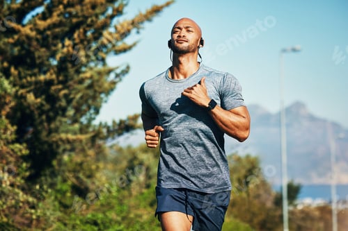 Preview: Shot of a sporty young man running outdoors